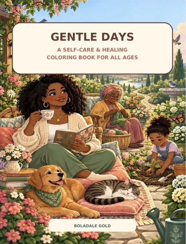 Cover of Gentle Days, a family resting together in a flowering garden