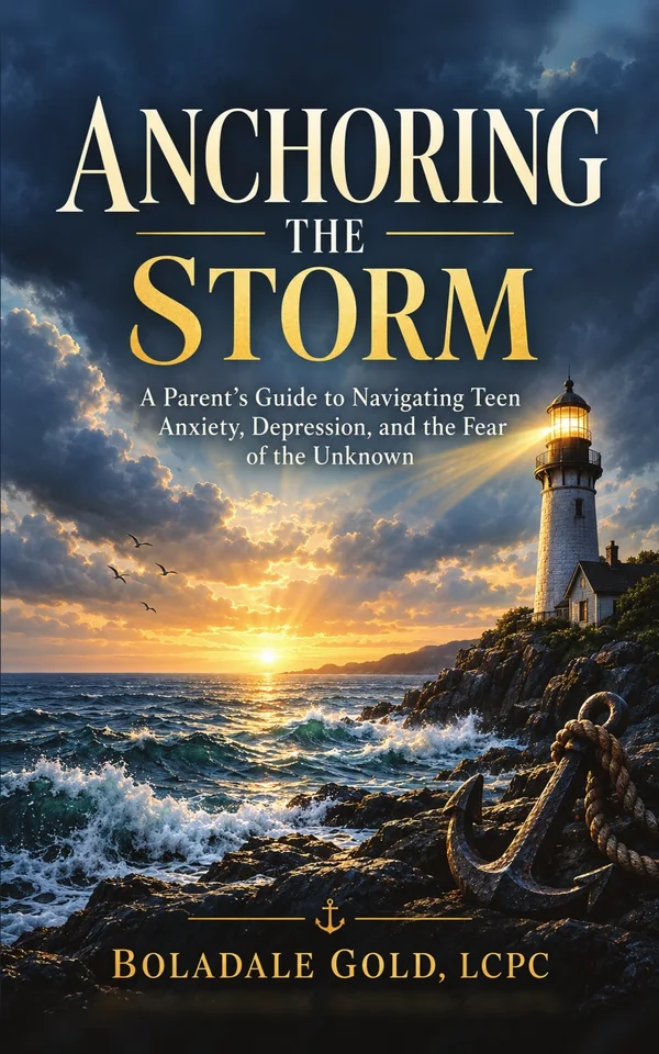 Cover of Anchoring the Storm, a lighthouse and anchor on a rocky shore at sunrise